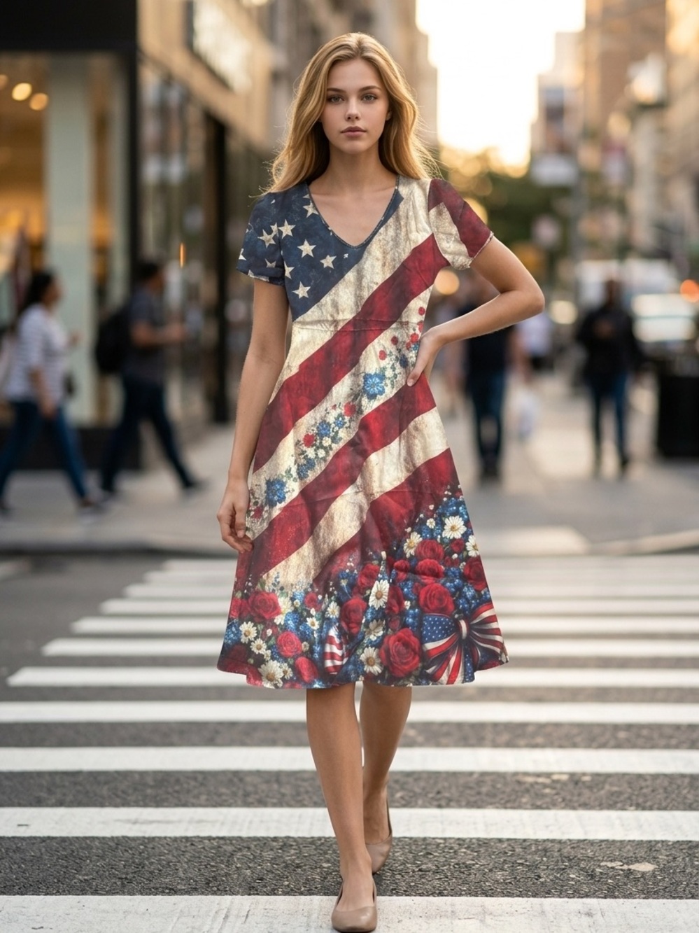 Patriotic Floral V-Neck Maxi Dress in Red, White & Blue